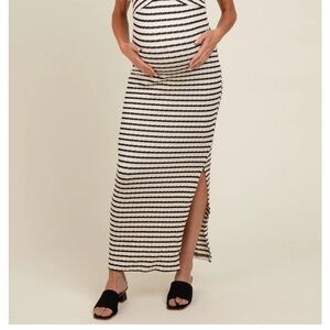 Striped Maternity Maxi Skirt with Side Slit - Black & Cream
